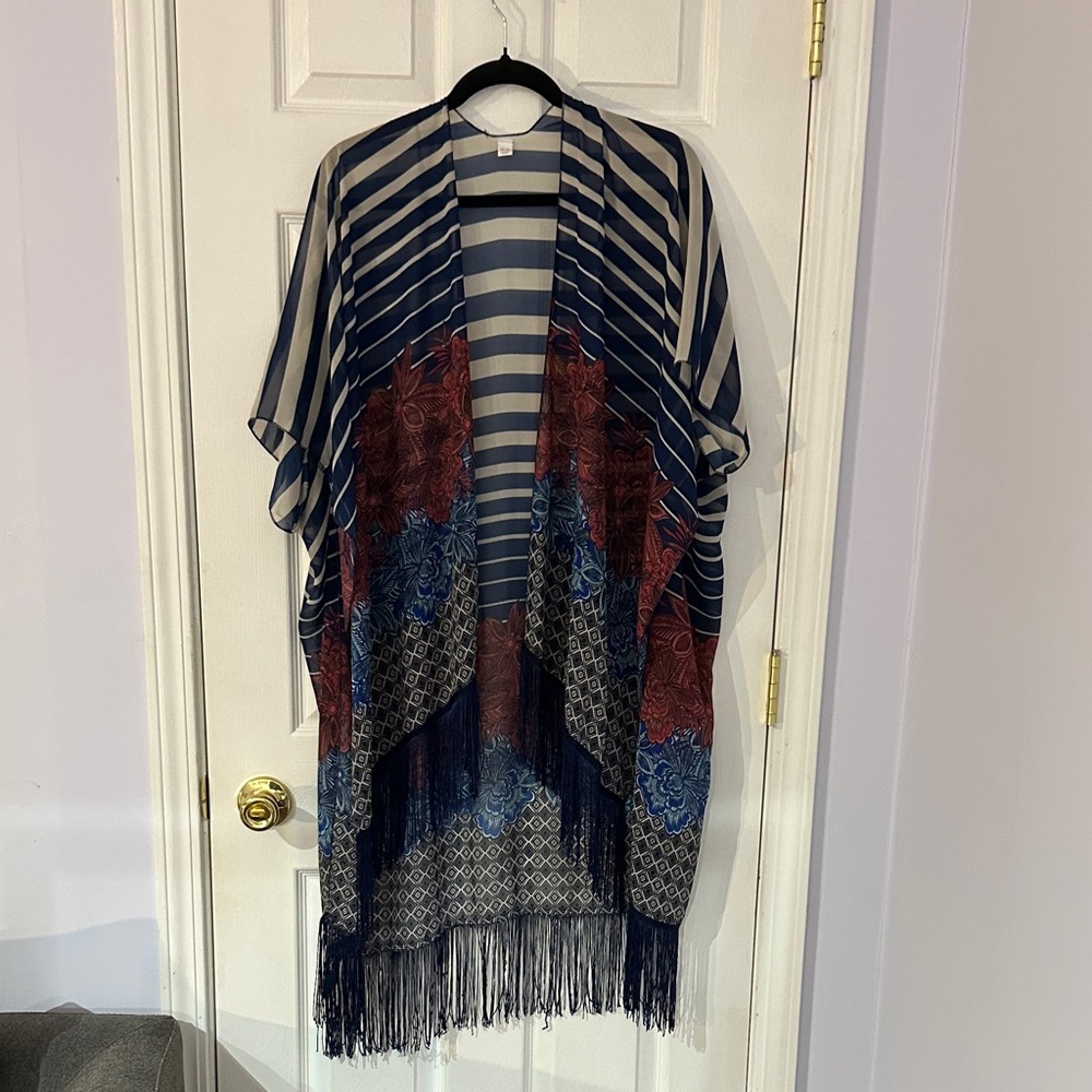 (One Size) Striped and Floral Fringe Kimono